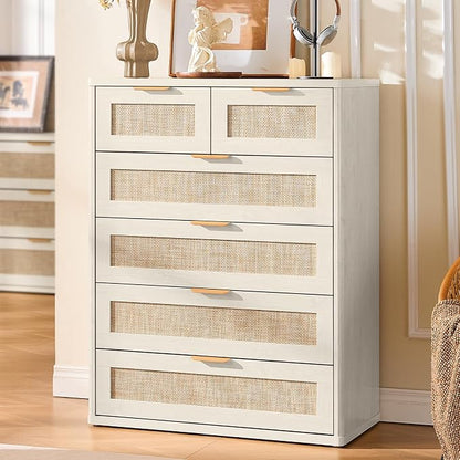 LEYAOYAO White Dresser for Bedroom Set of 2, Modern 6 Drawers Boho Rattan - Image 3