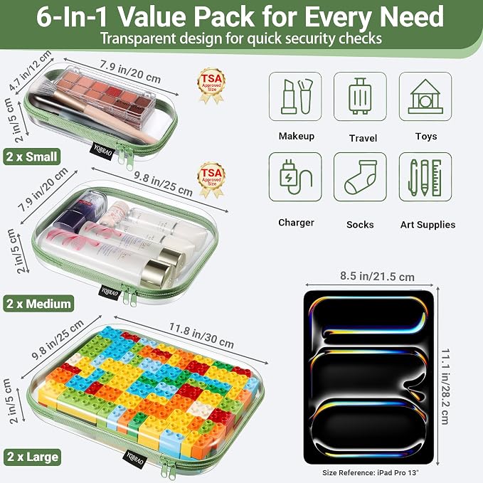 YQBRAO 6 Pack Sleek Green Clear Hard Shell Zipper Case, 1.2mm Heavy Duty Tech & - Image 4