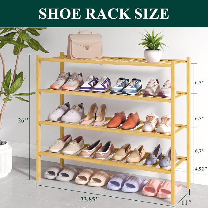 Smiry Bamboo Shoe Rack for Closet, 4 Tier Long Wooden Stackable Shoe Organizer - Image 2