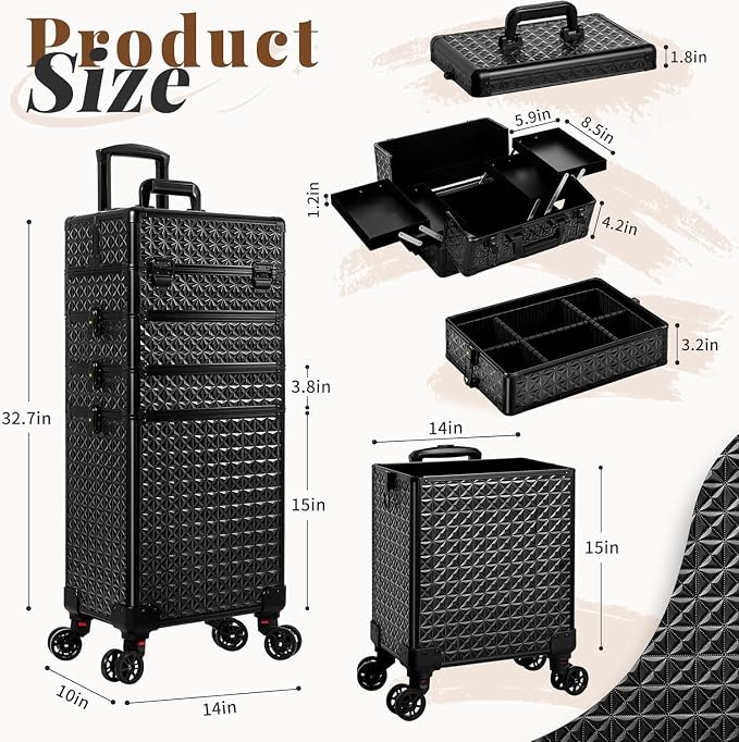 AROUS 5 in 1 Rolling Makeup Train Case Cosmetology Case on Wheels Large - Image 3