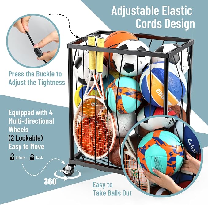 TomCare Garage Ball Rolling Storage Rack Large Capacity Basketball Holder - Image 3