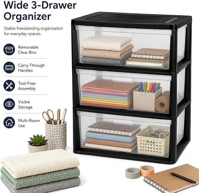 Wide 3 Drawer Plastic Storage Tower Clear Chest Organizer | Clear Removable - Image 5