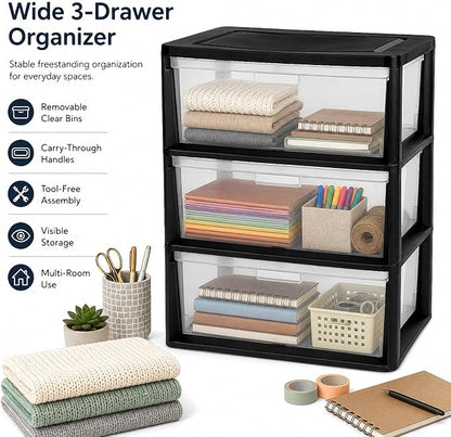 Wide 3 Drawer Plastic Storage Tower Clear Chest Organizer | Clear Removable - Image 5