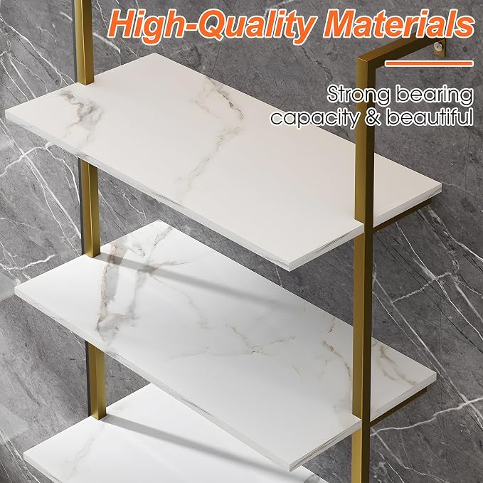5 Tiers Ladder Shelf White Marble Modern Bookshelf Open Tall Wall Mount - Image 9