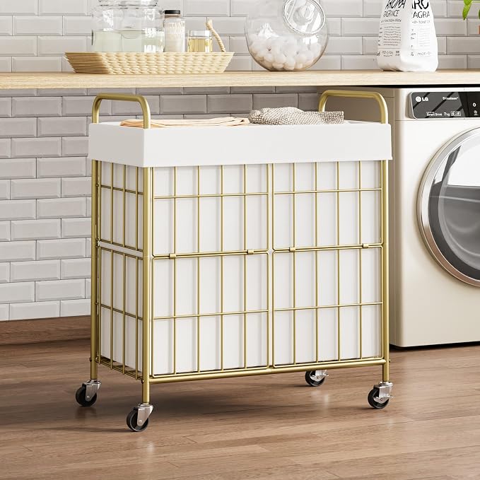 2 Section Laundry Hamper with Wheels and Brake, 100L Laundry Sorter Cart with 2 - Image 2