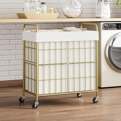 2 Section Laundry Hamper with Wheels and Brake, 100L Laundry Sorter Cart with 2 - Image 2