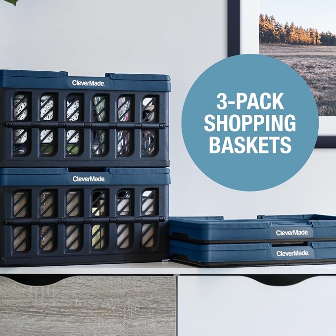 CleverMade Collapsible Shopping Basket, 3PK - 24L Reusable Plastic Grocery - Image 7