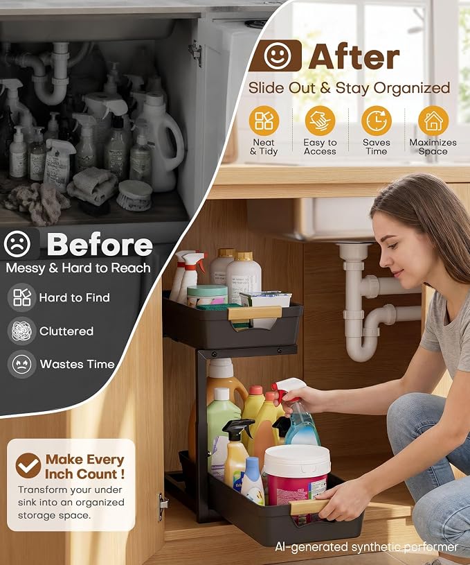 Homde Sliding Under Sink Organizer: 2 Pack 2-Tier Cabinet Shelf - Image 2