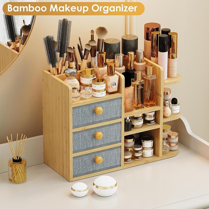 Large Makeup Organizer For Vanity, Large Capacity 3 Tiers Bamboo Bathroom - Image 8