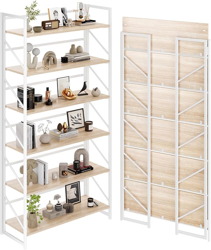 JSB 6 Tier No Assembly Folding Bookshelf, 30.7" Wide Foldable Storage Bookcase by HomeFurniture