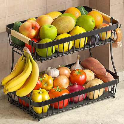 2-Tier Fruit Basket with Banana Hangers, Detachable Metal Bowl | Wooden handle by Sevenblue