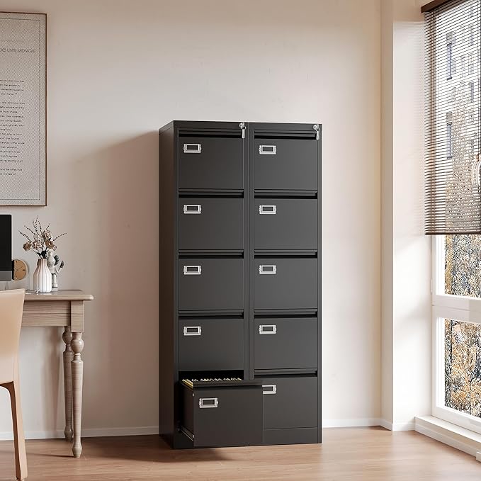 File Cabinets - 5 Drawers Vertical 17.8" Deep Lockable Filing Cabinet - Black & - Image 5