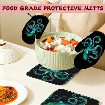 Octopus Silicone Oven Mitts and Pot Holders, Heat-Resistant 4 Piece Kitchen Set - Image 7