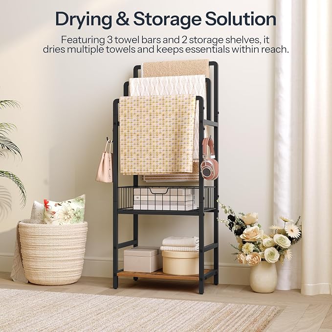 HOOBRO Freestanding Towel Rack for Small Bathroom, 3-Tier Towel Holder - Image 3