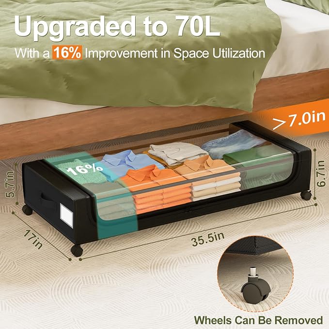 GoMaihe Under Bed Storage with Wheels: 70L Underbed Storage Containers with - Image 2