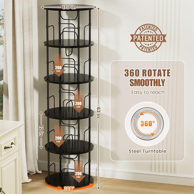 Flycity 5 Tier Rotating Bookshelf, 360° Corner Bookshelf Tower, Round Revolving - Image 2