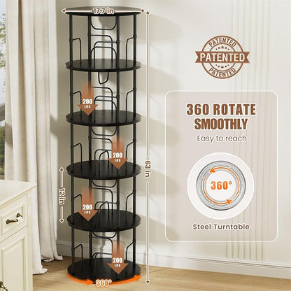 Flycity 5 Tier Rotating Bookshelf, 360° Corner Bookshelf Tower, Round Revolving - Image 2