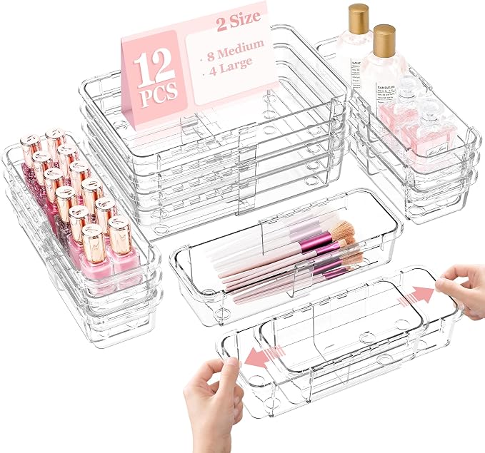 DILIBRA 12 Pcs Clear Extendable Drawer Organizer, Adjustable Drawer Storage by DILIBRA