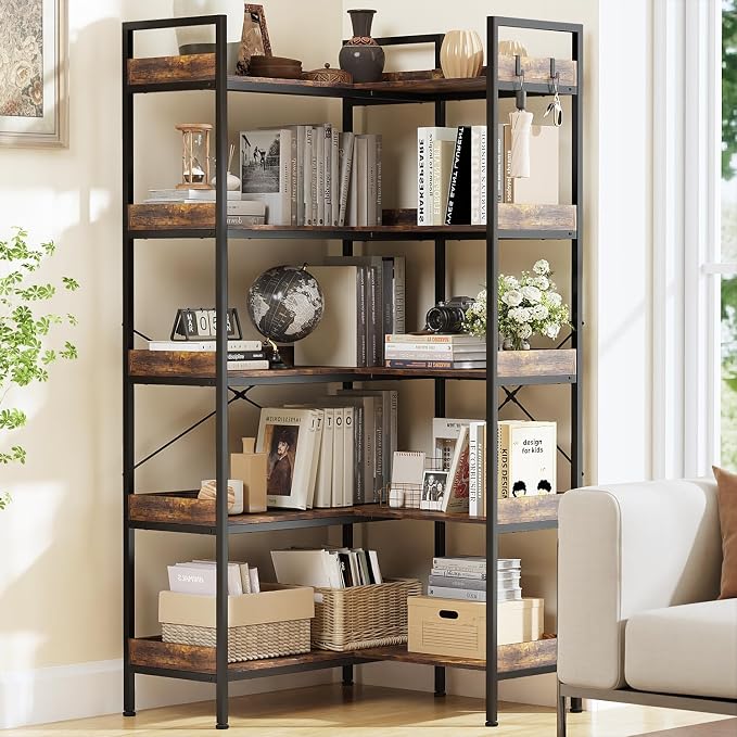 KOUSEI Bookshelf 5-Tier, L-Shaped Reversible Corner Bookshelf, Home Office - Image 5