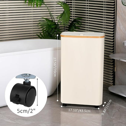 Laundry Basket with Wheels, 75L Beige Clothes Hamper - Image 2
