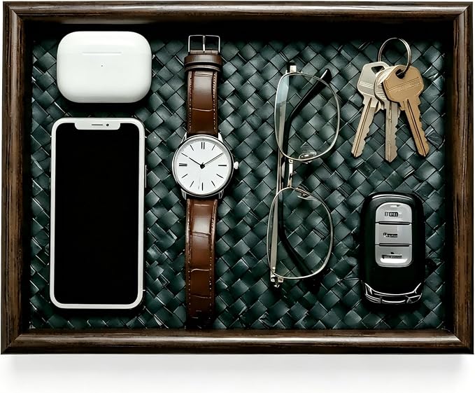 Wooden Valet Tray with Leather Base by Unknown