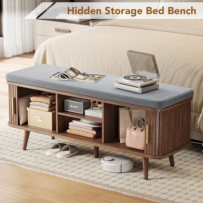 Decofy Shoe Storage Bench with Cushion and Sliding Doors, 47.2 Inch Shoe Bench - Image 6
