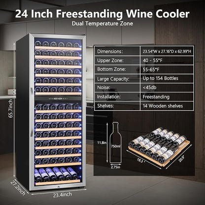 24" Wide Dual-Zone Wine Fridge 154-Bottles, Tall Freestanding/Built-in Wine - Image 2