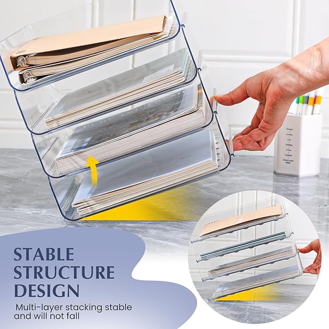 CiWiVOKi 4 Trays Paper Organizer Letter Tray, Acrylic Clear PET Desk File - Image 3