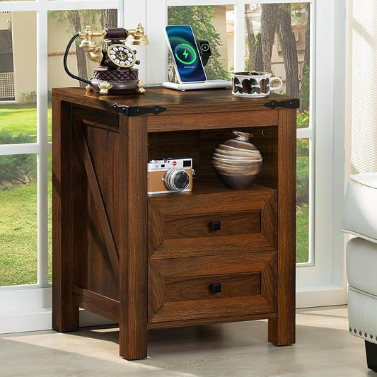 Nightstand with Charging Station and USB Port, Farmhouse Side End Table with 2 by Joaxswe