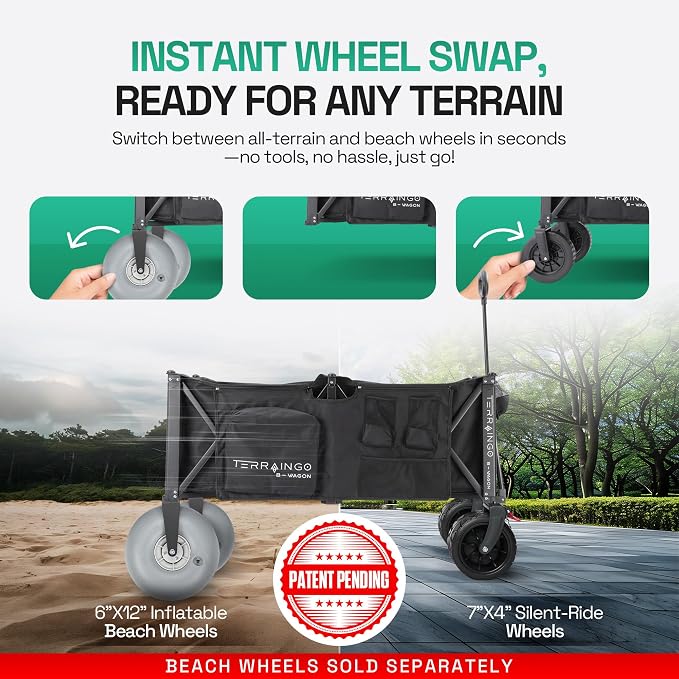 Foldable Beach Wagon Cart- Interchangeable All Terrain Wheels- 12" Beach Wheels - Image 3