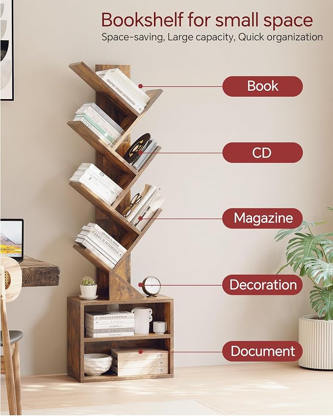SUNMORY 6 Tier Tree Bookshelf, Tall Small Bookcase - Image 7