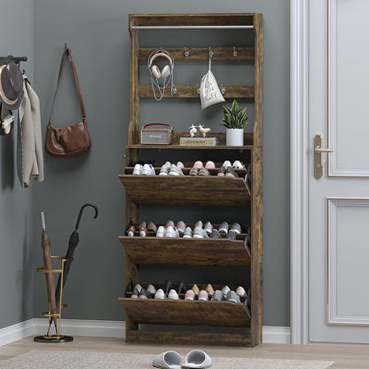 BORNOON Shoe Cabinet with 3 Flip Drawers & Coat Rack, Narrow Hidden Shoe - Image 7