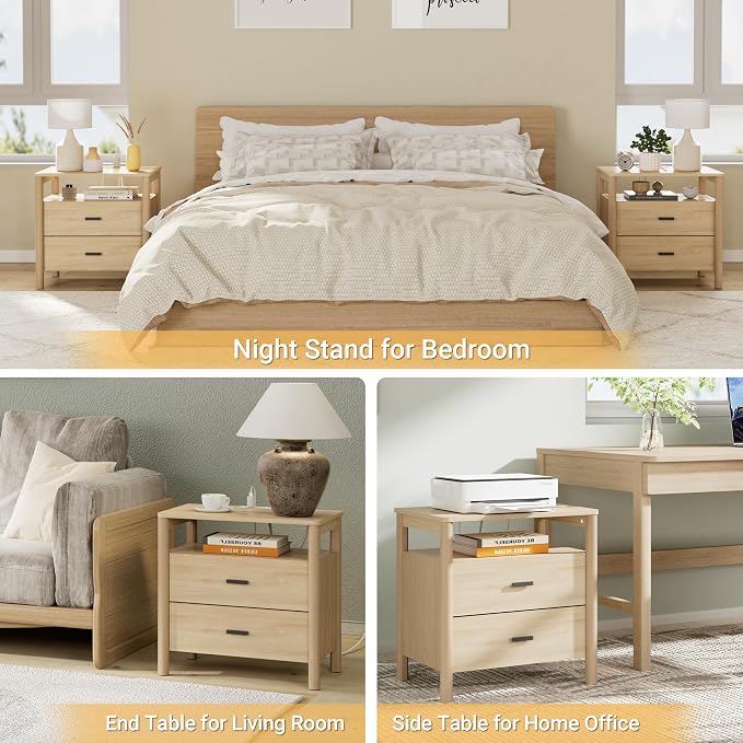 Night Stand Set of 2 with Charging Station, 2 Drawers End Table with Open Shelf - Image 5