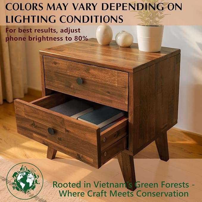 Acacia Silvia Nightstand with 2 Drawers, Solid Wood Bedside Table, Table with - Image 7