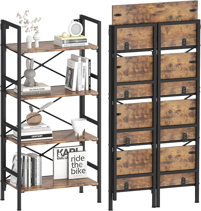 Homeiju Folding Bookshelf, 4 Tier Bookcase Foldable Shelf by Homeiju