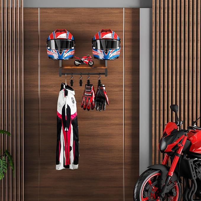 Automotive Helmet Holder Wall Mount, Solid Wood and Metal Helmet Rack - Image 7