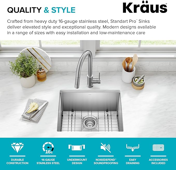 Kraus KHU101-21 Standart PRO 16 Gauge Undermount Single Bowl Set, 21 Inch - Image 4