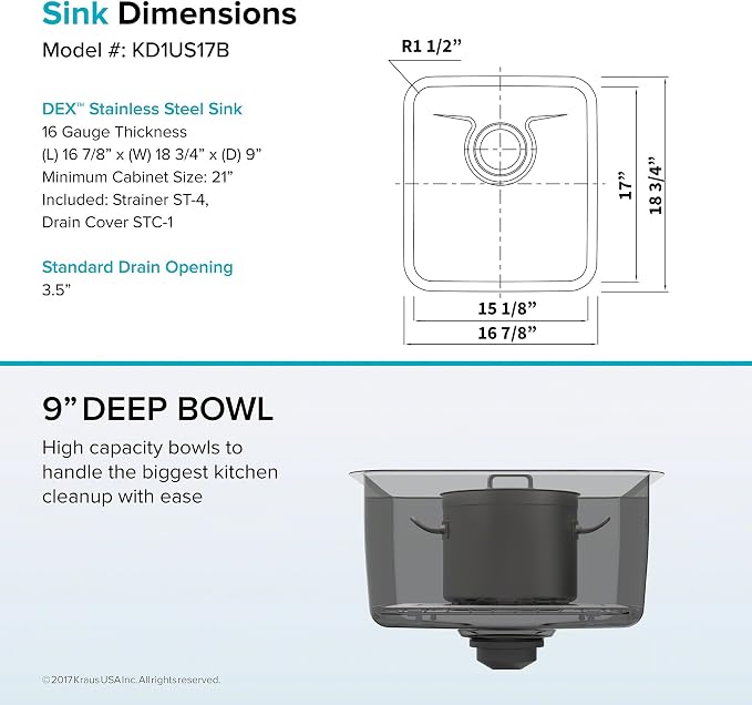 KRAUS Dex 17-Inch Undermount Single Bowl TRU16 Gauge Stainless Steel Kitchen - Image 12