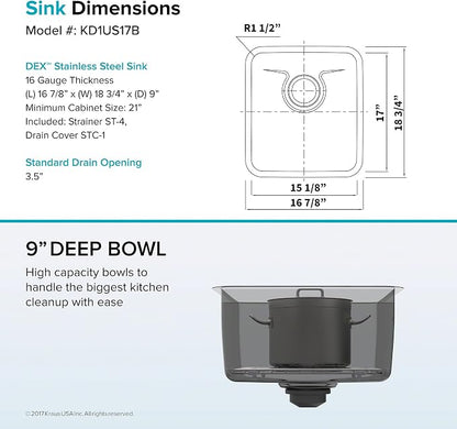 KRAUS Dex 17-Inch Undermount Single Bowl TRU16 Gauge Stainless Steel Kitchen - Image 12