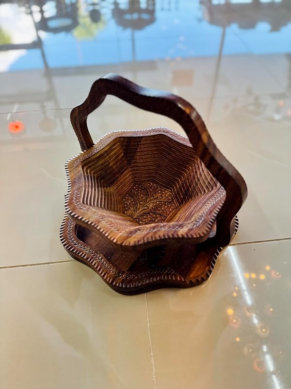 Handmade 14″ Collapsible Wooden Basket, Single Bowl Flower Design in Himalayan by Unknown