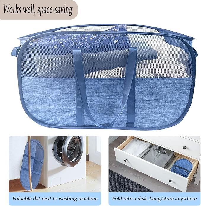 100L Collapsible Laundry Baskets 2 Pack, Extra Large Mesh Pop Up Laundry Hamper - Image 5