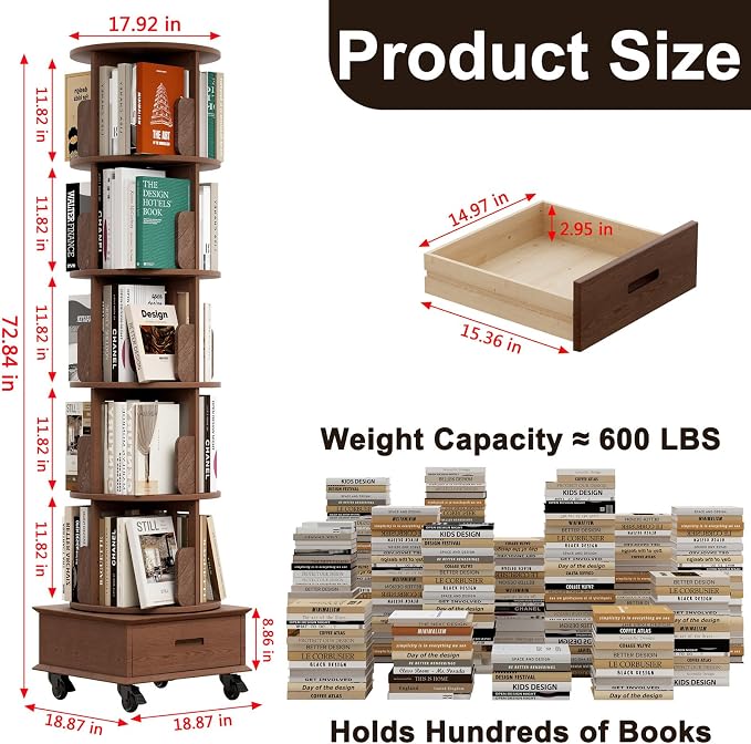 Solid Wood Rotating Bookshelf Tower on Wheels, 5-Tier Spinning Bookcase - Image 2