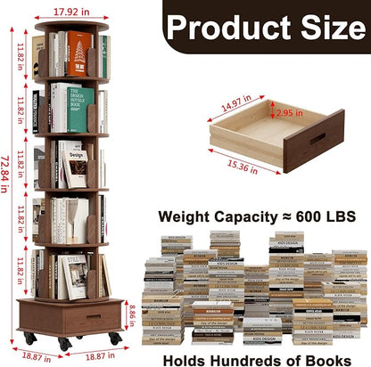 Solid Wood Rotating Bookshelf Tower on Wheels, 5-Tier Spinning Bookcase - Image 2