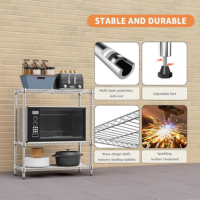 750 lbs 3 Tier Storage Rack Metal Wire Shelving Unit, Storage Standing Shelf - Image 6