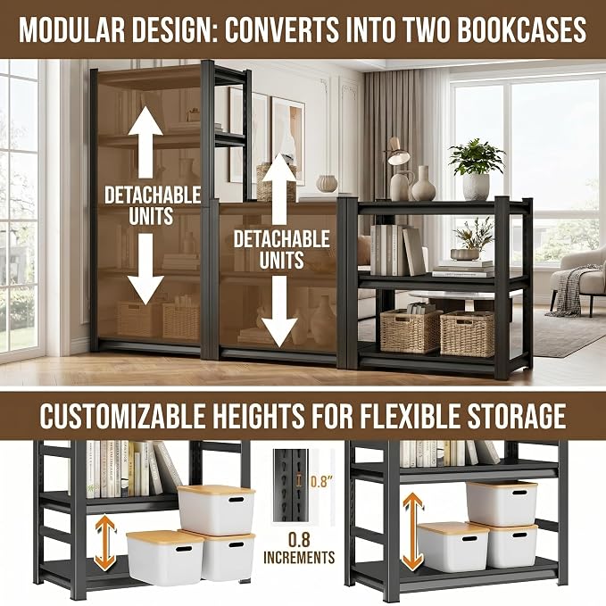 2 Tier Metal Bookshelf, Adjustable Tall Bookcase, Heavy Duty 1200 LBS Modern - Image 6