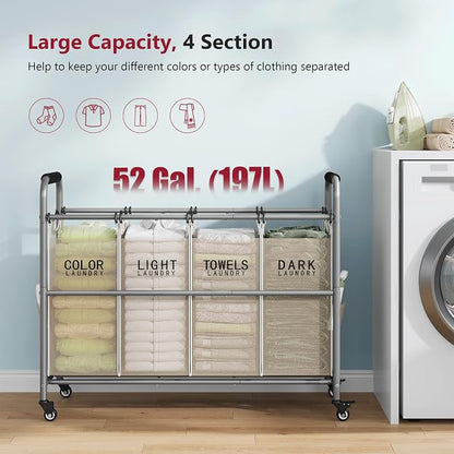 Tajsoon 4 Bag Laundry Sorter Cart, 4 Section Laundry Hamper Sorter - Image 3