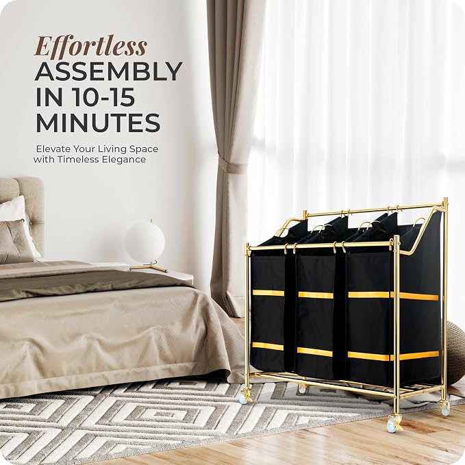 LUXURY STYLE Laundry Hamper, 3-Section Rolling Laundry Sorter Cart - Image 8