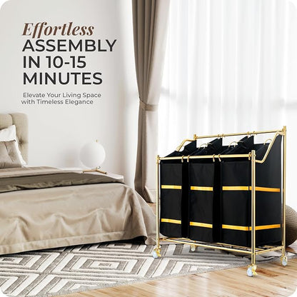 LUXURY STYLE Laundry Hamper, 3-Section Rolling Laundry Sorter Cart - Image 8