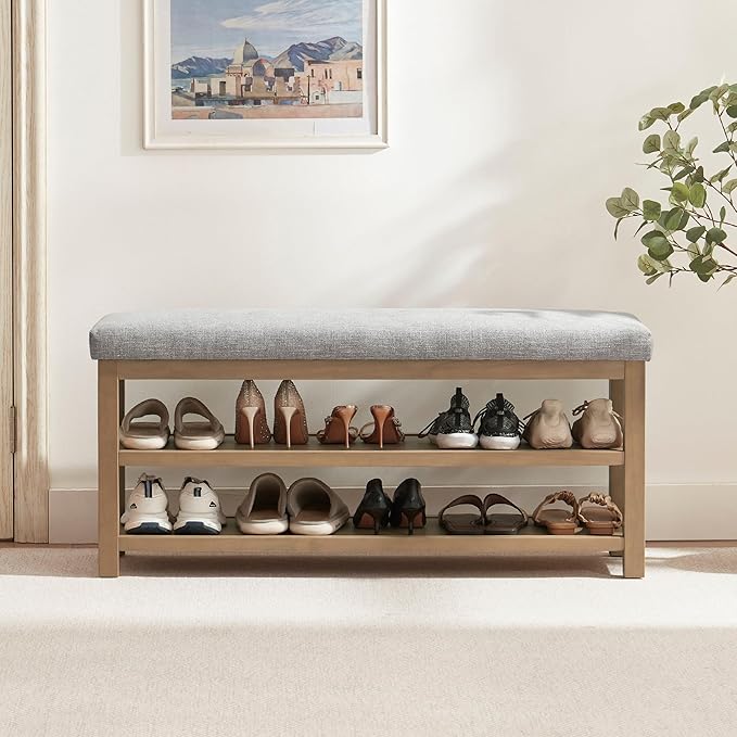 Zihanhome Shoe Rack Bench with Cushion, 2 Tier Solid Wood Storage Bench by Zihanhome