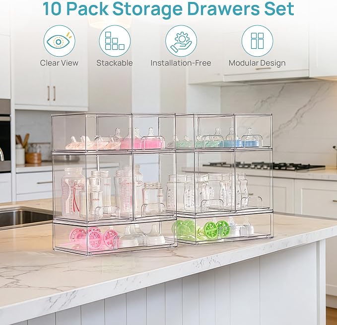 Vtopmart 10 Pack Baby Bottle Organizer Set, Stackable Storage Drawers Ideal - Image 3